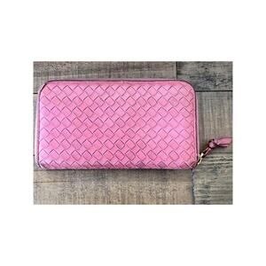 BOTTEGA VENETA Intrecciato Woven Leather Zip Around Long Wallet in Pink